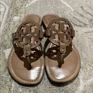 Tory Burch Tan Leather Cutout Logo Thong Sandals